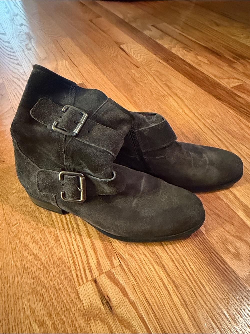 Paul Green Suede Double-Buckle Ankle Boots in Dark Charcoal